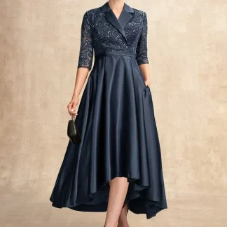 Robe Trapèze Bleue Satin Dentelle Paillettes