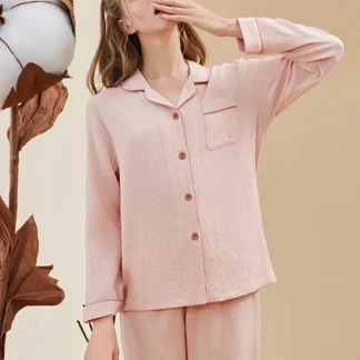 Pyjama femme en gaze de coton rose pâle
